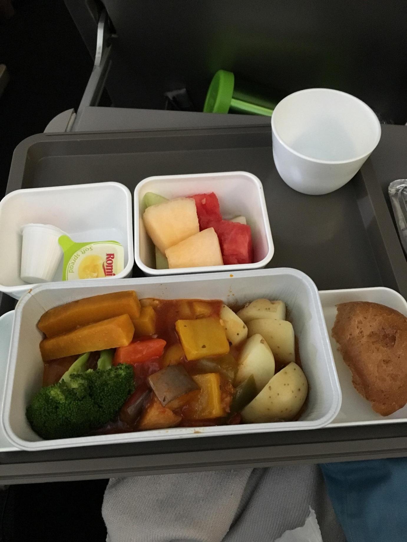 Bali and Perth Trip Flight Veggie Stew and Fruits